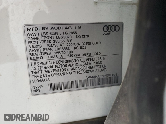 2017 Audi Q7 Premium с VIN WA1AHAF78HD038761, выставлен на аукционе Copart как лот 52795265 с пробегом 137 910 миль миль и Списание • Salvage title. История ставок и продаж доступна на DreamBid. Изображение 14.