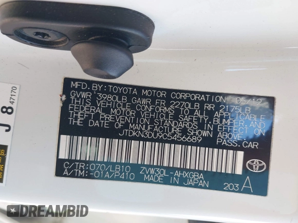 2012 Toyota Prius One with VIN JTDKN3DU9C5456689, listed as a IAAI auction lot 41999025 with 168,690 mi miles and . Bid and sale history available at DreamBid. Image 9.