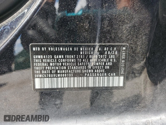 2020 Volkswagen Jetta S with VIN 3VWC57BU9LM088133, listed as a Copart auction lot 57402695 with 77,340 mi miles and Salvage title. Bid and sale history available at DreamBid. Image 12.