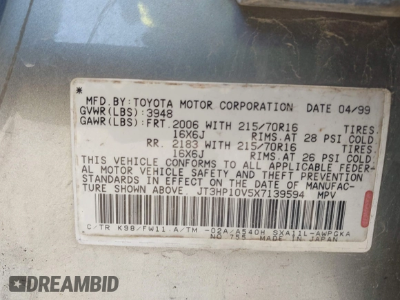 1999 Toyota RAV4 with VIN JT3HP10V5X7139594, listed as a IAAI auction lot 42029970 with 199,204 mi miles and . Bid and sale history available at DreamBid. Image 6.