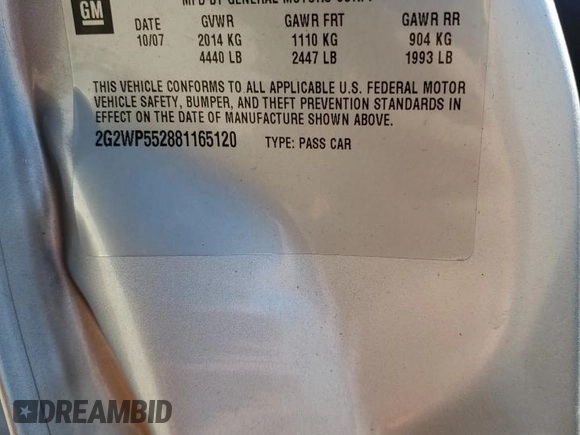 2008 Pontiac Grand Prix z VIN 2G2WP552881165120, wystawiony jako Copart lot #54832535 z przebiegiem 97 980 mil mil oraz Tytuł czysty. Historia ofert i sprzedaży dostępna na DreamBid. Obrazek 13.