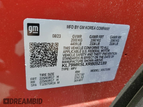 2024 Chevrolet TrailBlazer LT with VIN KL79MRSLXRB052189, listed as a Copart auction lot 60459514 with 2,256 mi miles and Salvage Title. Bid and sale history available at DreamBid. Image 12.