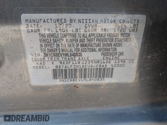 2021 Nissan Versa SV with VIN 3N1CN8EV1ML840835, listed as a IAAI auction lot 42128883 with 77,204 mi miles and . Bid and sale history available at DreamBid. Image 9.