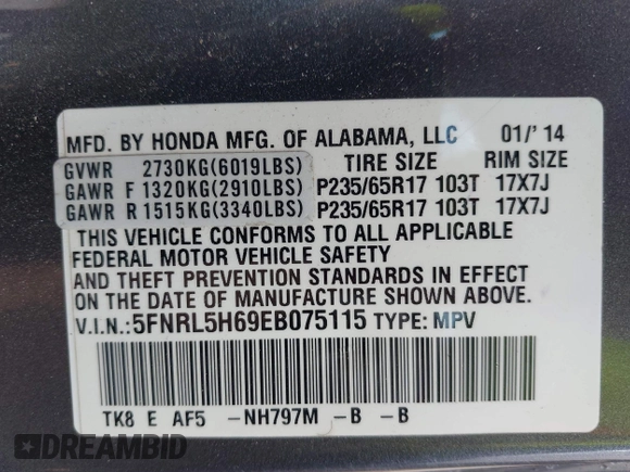 2014 Honda Odyssey EX-L with VIN 5FNRL5H69EB075115, listed as a IAAI auction lot 42046386 with 200,340 mi miles and . Bid and sale history available at carsss.com. Image 9.