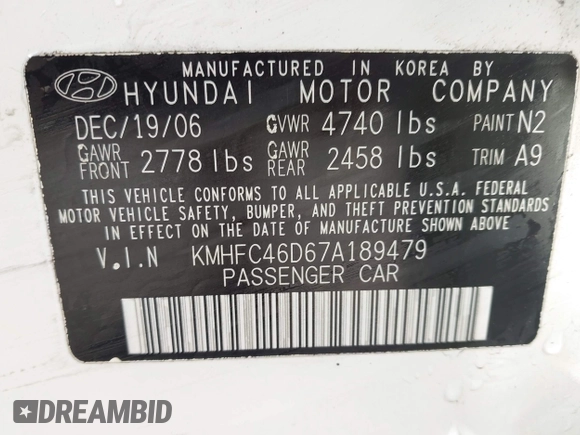 2007 Hyundai Azera GLS with VIN KMHFC46D67A189479, listed as a IAAI auction lot 42641536 with 127,281 mi miles and . Bid and sale history available at DreamBid. Image 9.