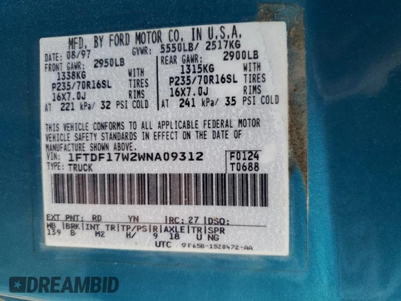 1998 Ford F-150 z VIN 1FTDF17W2WNA09312, wystawiony jako Copart lot #48290845 z przebiegiem 167 417 mil mil oraz Szkoda całkowita • Salvage title. Historia ofert i sprzedaży dostępna na DreamBid. Obrazek 15.