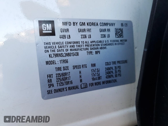 2022 Chevrolet TrailBlazer LS with VIN KL79MNSL3NB015438, listed as a Copart auction lot 44710355 with 38,187 mi miles and Salvage Title. Bid and sale history available at carsss.com. Image 13.