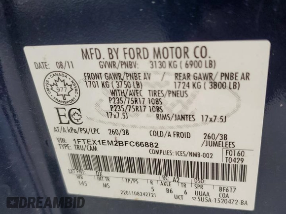 2011 Ford F-150 XL with VIN 1FTEX1EM2BFC66882, listed as a Copart auction lot 63933045 with 173,743 mi miles and Clean title. Bid and sale history available at DreamBid. Image 12.