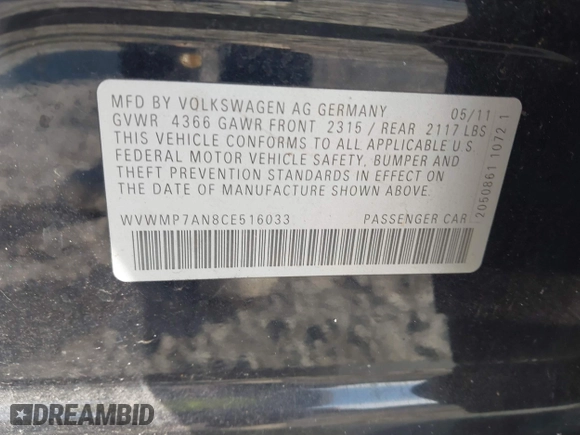 2012 Volkswagen CC Sport PZEV with VIN WVWMP7AN8CE516033, listed as a IAAI auction lot 42081542 with 168,497 mi miles. Bid and sale history available at carsss.com. Image 9.