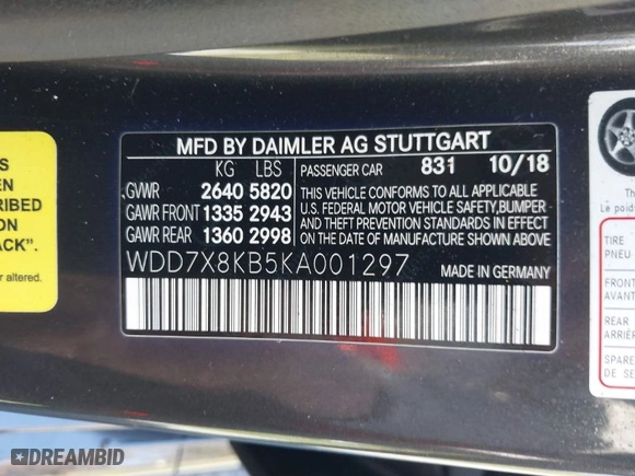 2019 Mercedes-Benz AMG GT with VIN WDD7X8KB5KA001297, listed as a IAAI auction lot 41908667 with NaN miles. Bid and sale history available at carsss.com. Image 9.