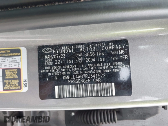 2023 Hyundai Elantra SE with VIN KMHLL4AG7PU541522, listed as a IAAI auction lot 41942508 with 42,534 mi miles and . Bid and sale history available at DreamBid. Image 9.