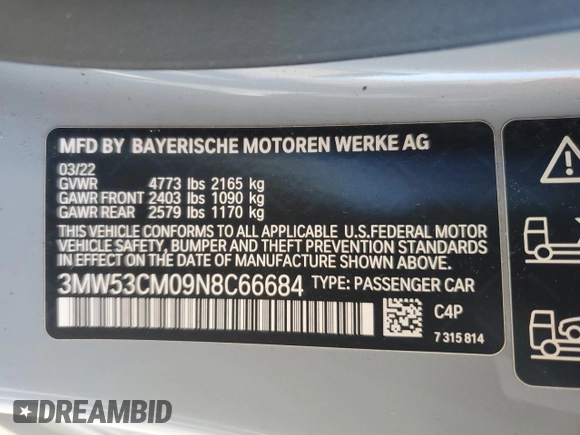 2022 BMW 2 Series M240i xDrive with VIN 3MW53CM09N8C66684, listed as a Copart auction lot 61736535 with 26,905 mi miles and Salvage title. Bid and sale history available at DreamBid. Image 12.