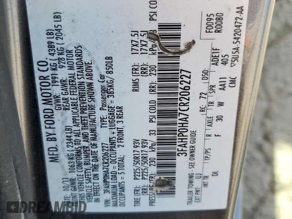 2012 Ford Fusion SE with VIN 3FAHP0HA7CR206227, listed as a Copart auction lot 52464365 with 227,767 mi miles and Clean Title. Bid and sale history available at carsss.com. Image 12.