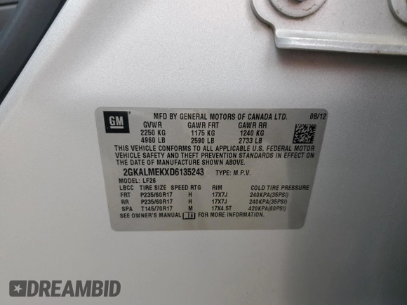 2013 GMC Terrain SLE с VIN 2GKALMEKXD6135243, выставлен на аукционе Copart как лот 53713395 с пробегом 64 840 миль миль и Списание • Salvage title. История ставок и продаж доступна на DreamBid. Изображение 13.