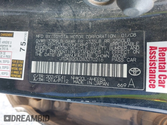 2008 Toyota Prius z VIN JTDKB20U283370216, wystawiony jako IAAI lot #42464811 z przebiegiem 201 670 mil mil oraz . Historia ofert i sprzedaży dostępna na DreamBid. Obrazek 9.