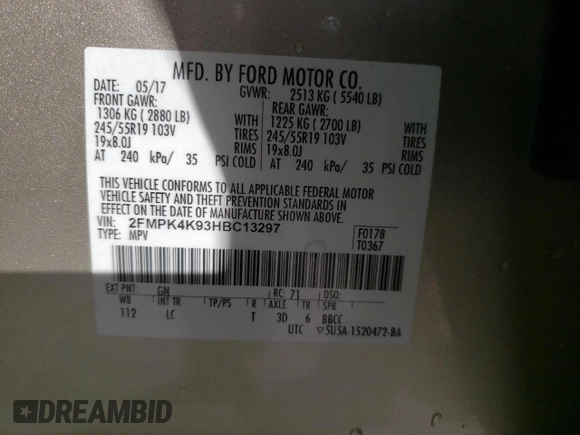 2017 Ford Edge Titanium z VIN 2FMPK4K93HBC13297, wystawiony jako Copart lot #57140415 z przebiegiem 97 505 mil mil oraz Szkoda całkowita • Salvage title. Historia ofert i sprzedaży dostępna na DreamBid. Obrazek 13.