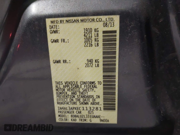 2014 Nissan Altima 2.5 S with VIN 1N4AL3APXEC113281, listed as a IAAI auction lot 41137374 with 124,357 mi miles. Bid and sale history available at carsss.com. Image 9.