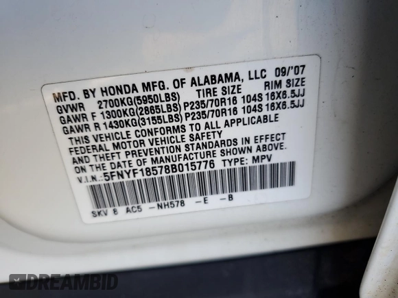2008 Honda Pilot EX-L with VIN 5FNYF18578B015776, listed as a Copart auction lot 46199664 with 200,954 mi miles and Salvage Title. Bid and sale history available at carsss.com. Image 12.
