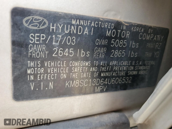 2004 Hyundai Santa Fe GLS with VIN KM8SC13D64U606532, listed as a Copart auction lot 51547445 with 243,144 mi miles and Salvage Title. Bid and sale history available at carsss.com. Image 13.
