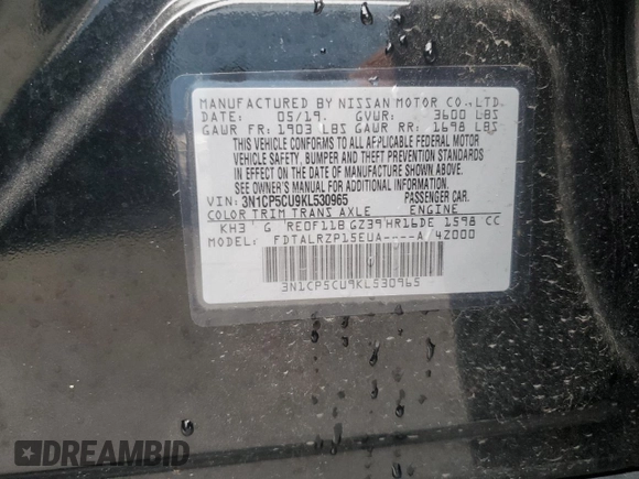 2019 Nissan Kicks S with VIN 3N1CP5CU9KL530965, listed as a Copart auction lot 72962234 with 37,427 mi miles and Salvage Title. Bid and sale history available at carsss.com. Image 12.