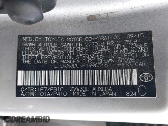 2015 Toyota Prius Four with VIN JTDKN3DU9F1990366, listed as a IAAI auction lot 41939354 with 229,152 mi miles and . Bid and sale history available at DreamBid. Image 9.