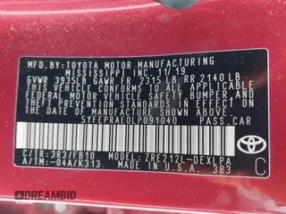 2020 Toyota Corolla LE with VIN 5YFEPRAE0LP091040, listed as a IAAI auction lot 42020079 with 39,031 mi miles and . Bid and sale history available at DreamBid. Image 9.