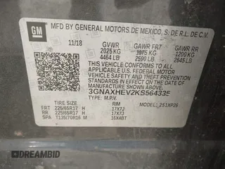 2019 Chevrolet Equinox LS with VIN 3GNAXHEV2KS564335, listed as a IAAI auction lot 41707806 with 131,694 mi miles and . Bid and sale history available at carsss.com. Image 9.