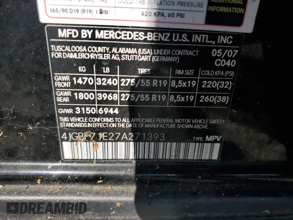 2007 Mercedes-Benz GL-Class with VIN 4JGBF71E27A271393, listed as a Copart auction lot 72500594 with 153,825 mi miles and Salvage Title. Bid and sale history available at carsss.com. Image 13.