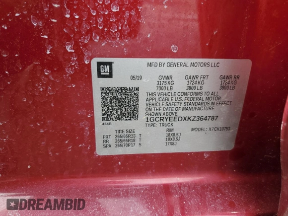 2019 Chevrolet Silverado 1500 RST with VIN 1GCRYEEDXKZ364787, listed as a Copart auction lot 47125905 with 69,319 mi miles and Clean Title. Bid and sale history available at DreamBid. Image 13.