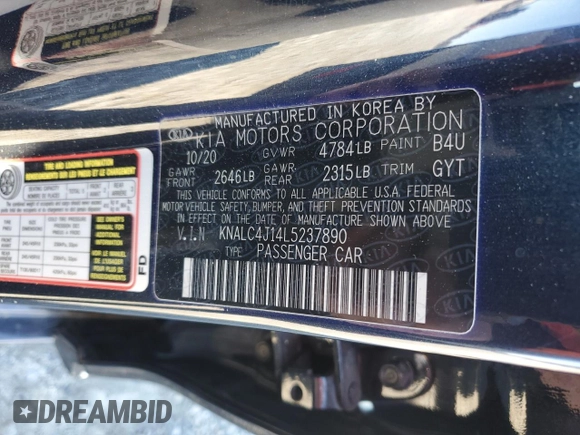 2020 Kia Cadenza Technology with VIN KNALC4J14L5237890, listed as a Copart auction lot 41560615 with 29,504 mi miles and Salvage Title. Bid and sale history available at carsss.com. Image 13.
