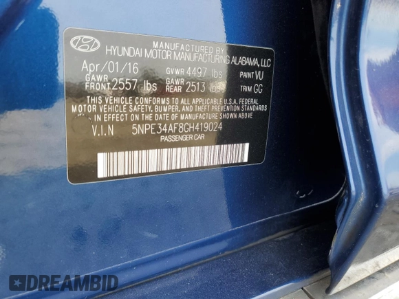 2016 Hyundai Sonata Sport with VIN 5NPE34AF8GH419024, listed as a Copart auction lot 50292455 with 133,196 mi miles and Salvage Title. Bid and sale history available at DreamBid. Image 14.