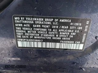 2013 Volkswagen Passat SEL Premium z VIN 1VWCP7A32DC089517, wystawiony jako IAAI lot #41546511 z przebiegiem 149 067 mil mil oraz . Historia ofert i sprzedaży dostępna na DreamBid. Obrazek 9.