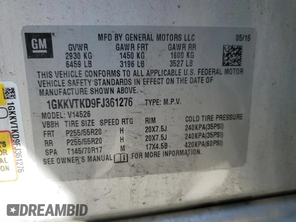 2015 GMC Acadia Denali z VIN 1GKKVTKD9FJ361276, wystawiony jako Copart lot #52775995 z przebiegiem 134 979 mil mil oraz Szkoda całkowita • Salvage title. Historia ofert i sprzedaży dostępna na DreamBid. Obrazek 14.
