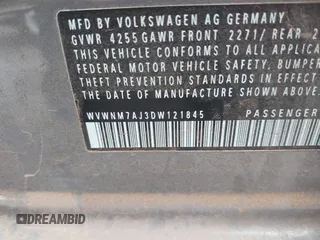 2013 Volkswagen Golf TDI w/Sunroof & Nav with VIN WVWNM7AJ3DW121845, listed as a IAAI auction lot 42414147 with 92,478 mi miles and . Bid and sale history available at DreamBid. Image 9.