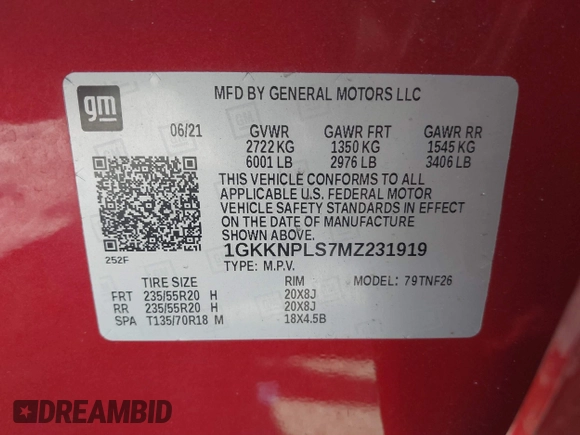 2021 GMC Acadia Denali with VIN 1GKKNPLS7MZ231919, listed as a IAAI auction lot 41773056 with 38,277 mi miles and . Bid and sale history available at carsss.com. Image 9.