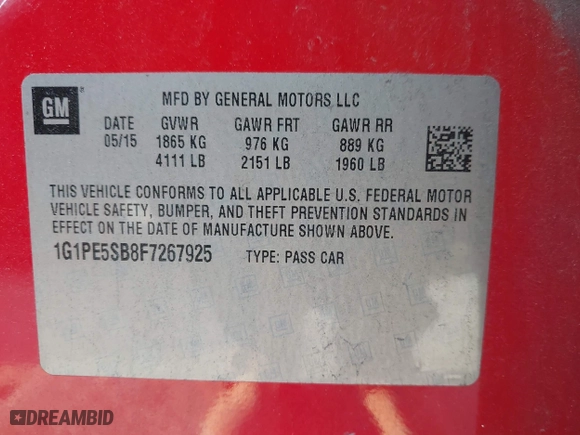 2015 Chevrolet Cruze LT with VIN 1G1PE5SB8F7267925, listed as a IAAI auction lot 41977019 with 111,539 mi miles. Bid and sale history available at carsss.com. Image 9.