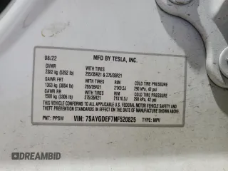 2022 Tesla Model Y Performance with VIN 7SAYGDEF7NF520825, listed as a Copart auction lot 57400245 with 55,437 mi miles and Salvage title. Bid and sale history available at DreamBid. Image 14.