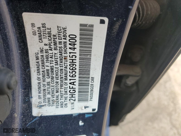 2009 Honda Civic Sdn LX with VIN 2HGFA16569H514400, listed as a Copart auction lot 53311275 with 93,679 mi miles and Salvage Title. Bid and sale history available at carsss.com. Image 14.