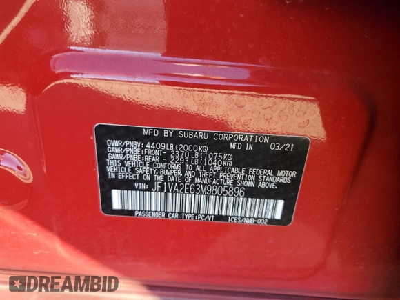 2021 Subaru WRX STI with VIN JF1VA2E63M9805896, listed as a Copart auction lot 84104264 with 68,657 mi miles and Salvage Title. Bid and sale history available at carsss.com. Image 13.