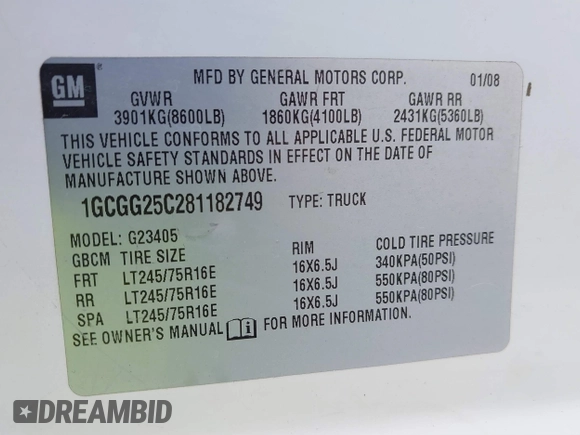 2008 Chevrolet Express Cargo Van with VIN 1GCGG25C281182749, listed as a IAAI auction lot 41686625 with 222,625 mi miles. Bid and sale history available at carsss.com. Image 9.