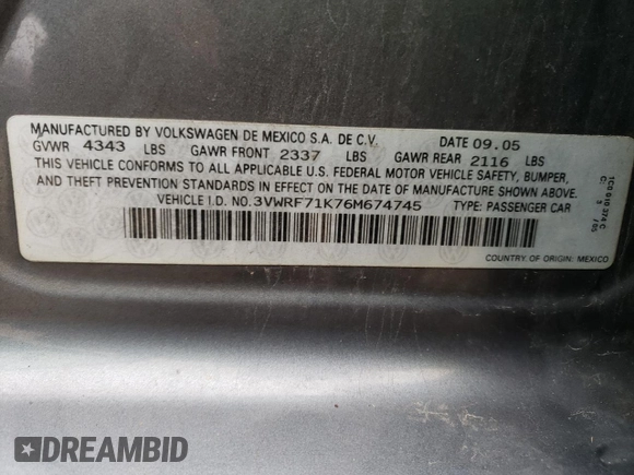 2006 Volkswagen Jetta 2.5L with VIN 3VWRF71K76M674745, listed as a Copart auction lot 46749263 with 131,399 mi miles and Salvage title. Bid and sale history available at DreamBid. Image 12.