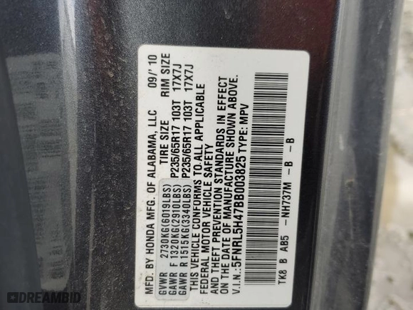 2011 Honda Odyssey EX with VIN 5FNRL5H47BB003825, listed as a Copart auction lot 47842135 with 195,161 mi miles and Salvage Title. Bid and sale history available at carsss.com. Image 13.