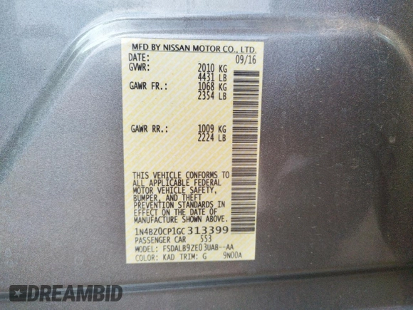 2016 Nissan LEAF S with VIN 1N4BZ0CP1GC313399, listed as a Copart auction lot 38595063 with 43,316 mi miles. Bid and sale history available at carsss.com. Image 12.