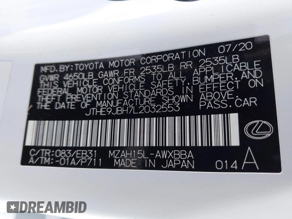 2020 Lexus UX 250h F Sport with VIN JTHE9JBH7L2032553, listed as a IAAI auction lot 41687347 with Not provided miles and . Bid and sale history available at DreamBid. Image 9.