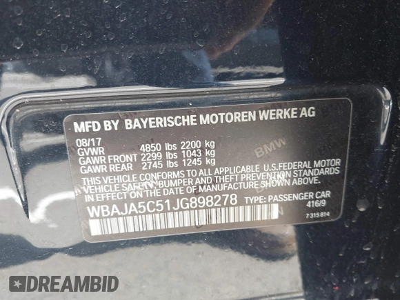 2018 BMW 5 Series 530i with VIN WBAJA5C51JG898278, listed as a IAAI auction lot 42595701 with 96,777 mi miles and . Bid and sale history available at DreamBid. Image 9.