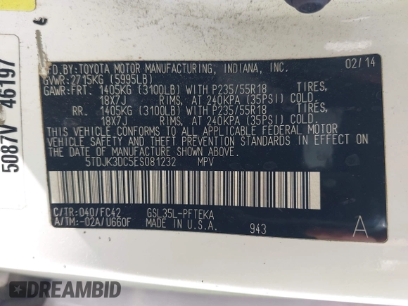 2014 Toyota Sienna LE with VIN 5TDJK3DC5ES081232, listed as a IAAI auction lot 41789629 with 397,033 mi miles and . Bid and sale history available at DreamBid. Image 9.