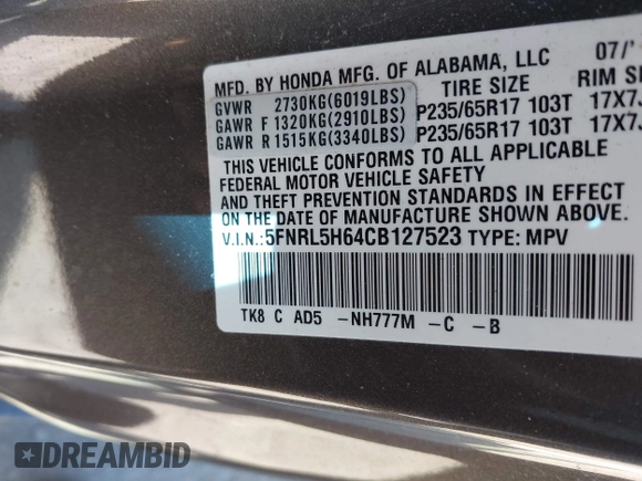 2012 Honda Odyssey EX-L with VIN 5FNRL5H64CB127523, listed as a IAAI auction lot 39818448 with 102,514 mi miles and . Bid and sale history available at DreamBid. Image 9.