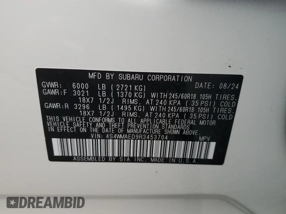 2024 Subaru Ascent Premium with VIN 4S4WMAED9R3453704, listed as a Copart auction lot 43779325 with 3,712 mi miles and Salvage title. Bid and sale history available at DreamBid. Image 14.