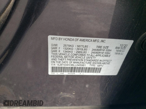 2020 Acura MDX z VIN 5J8YD4H38LL045981, wystawiony jako Copart lot #55587255 z przebiegiem 45 930 mil mil oraz Szkoda całkowita • Salvage title. Historia ofert i sprzedaży dostępna na DreamBid. Obrazek 13.