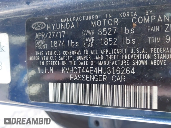 2017 Hyundai Accent SE with VIN KMHCT4AE4HU316264, listed as a IAAI auction lot 41437326 with 165,865 mi miles and . Bid and sale history available at carsss.com. Image 9.
